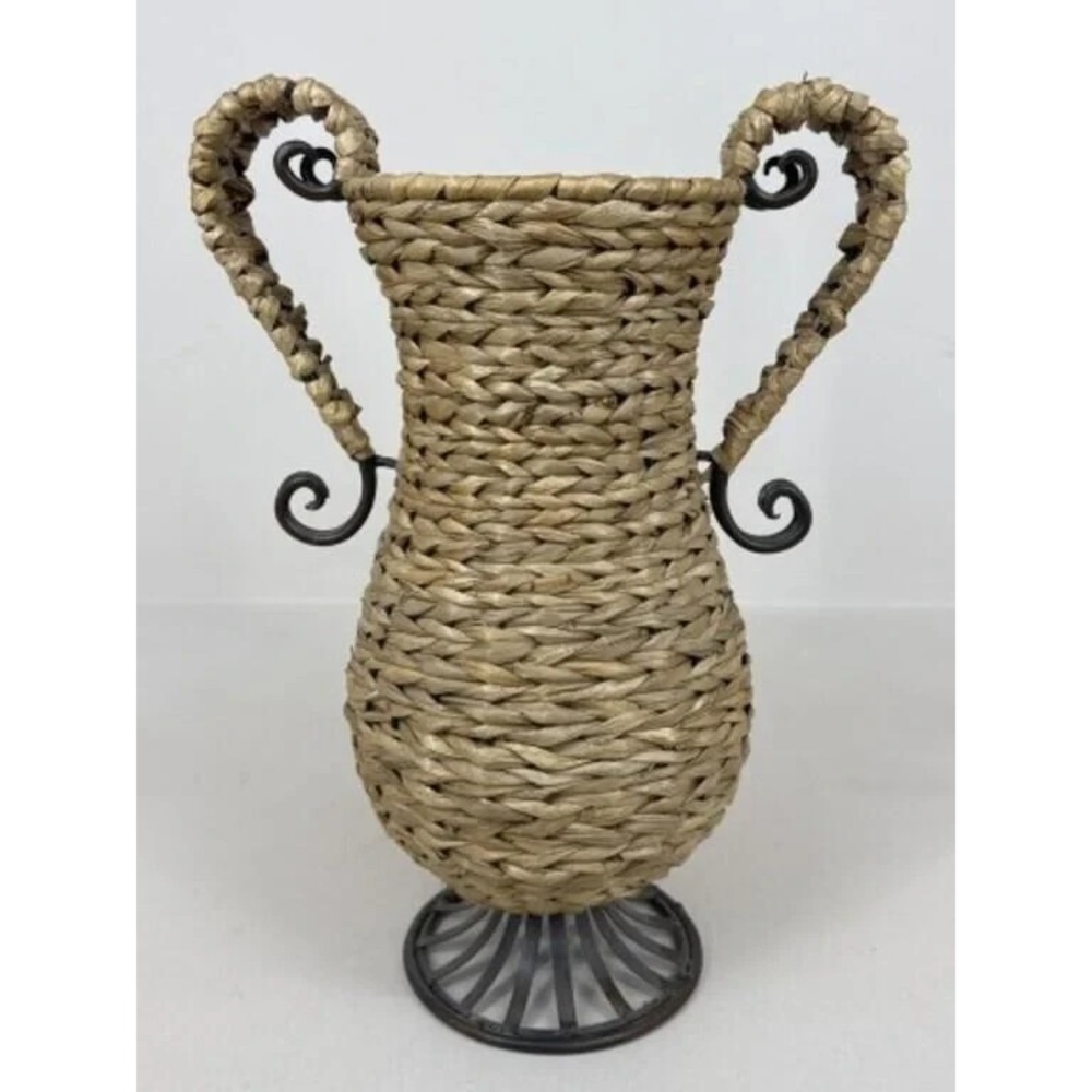 Vintage Wicker Umbrella Stand Holder Tall Floor Vase Metal Base Boho 18" H